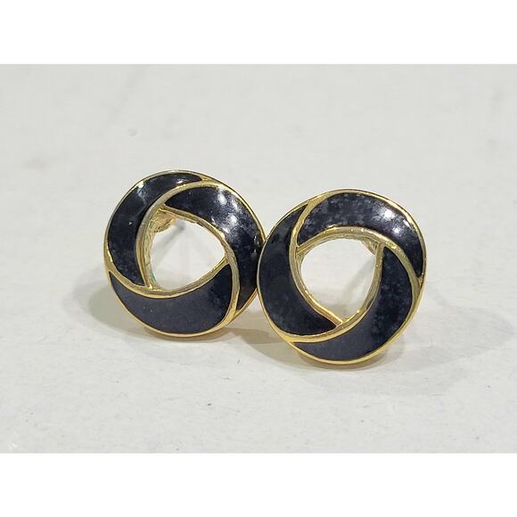 Signed Trifari Vintage Black Enamel Gold Earrings Pierced Classic Swirl - Picture 2 of 8